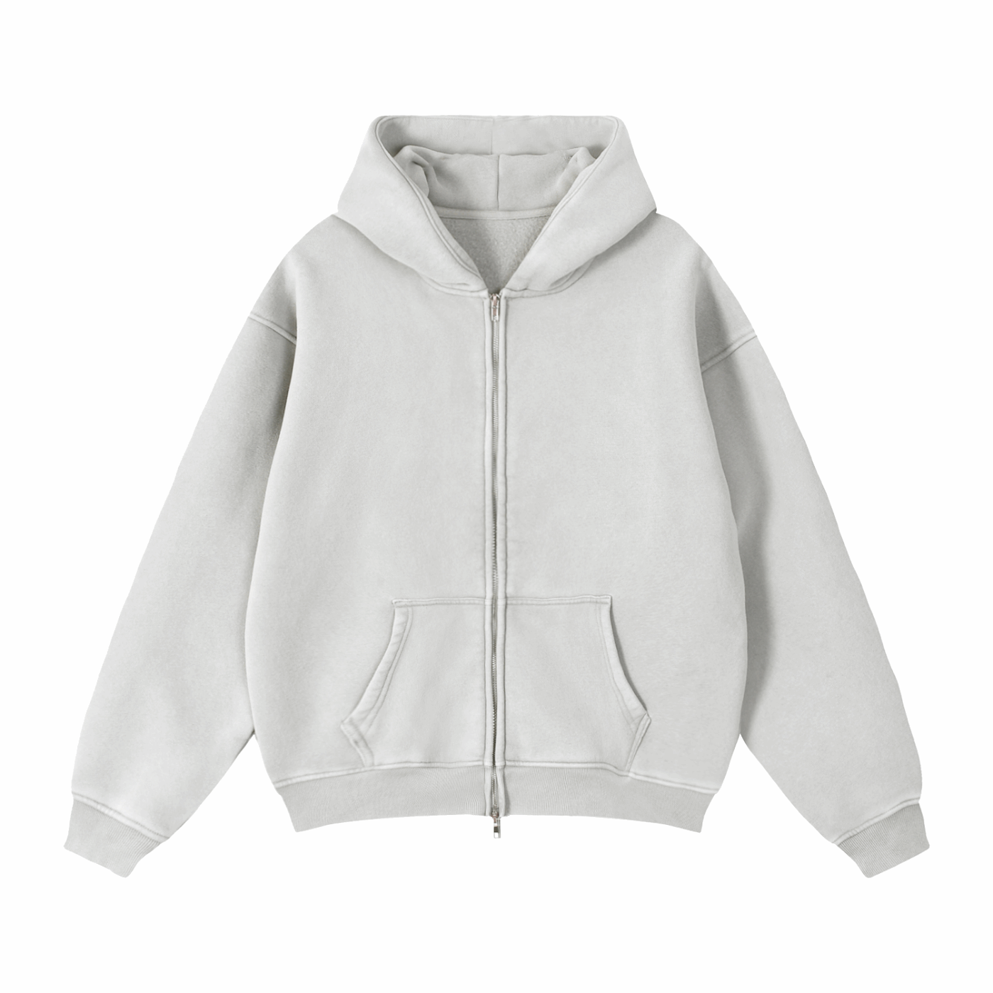 Light gray zip-through boxy fleece hoodie with hood and kangaroo pockets
