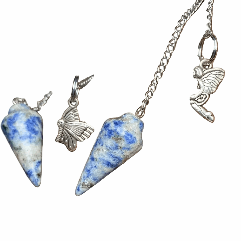 Blue natural gemstone conical crystal pendulum bag charm with chain and butterfly detail
