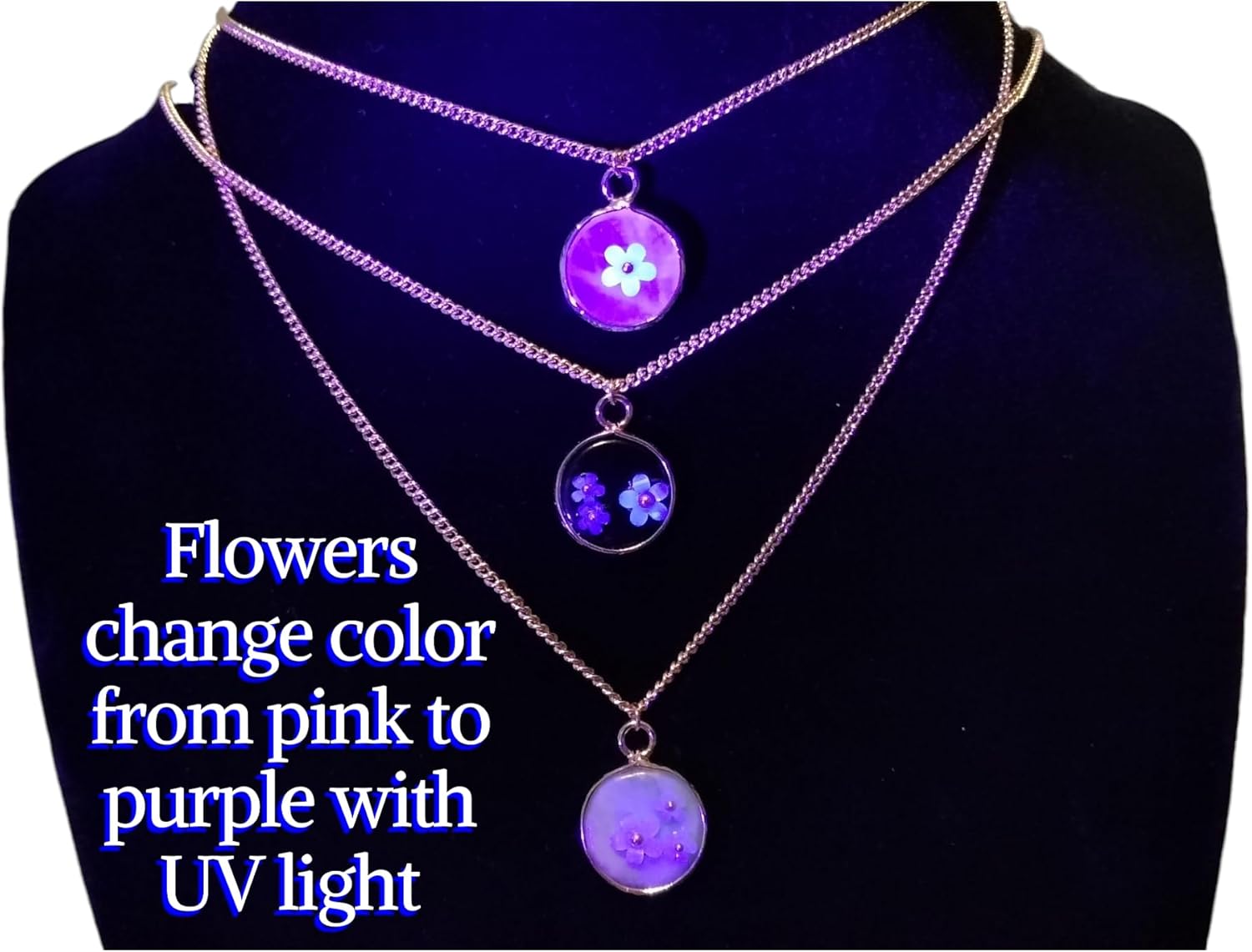 Natural Stone Necklace with Color Changing Floral Design, 18K Gold Plated, Black Obsidian, Amazonite, Rose Quartz, UV Reactive, Festival Jewlery, Gift For Daughter, Mother, Sister, Wife