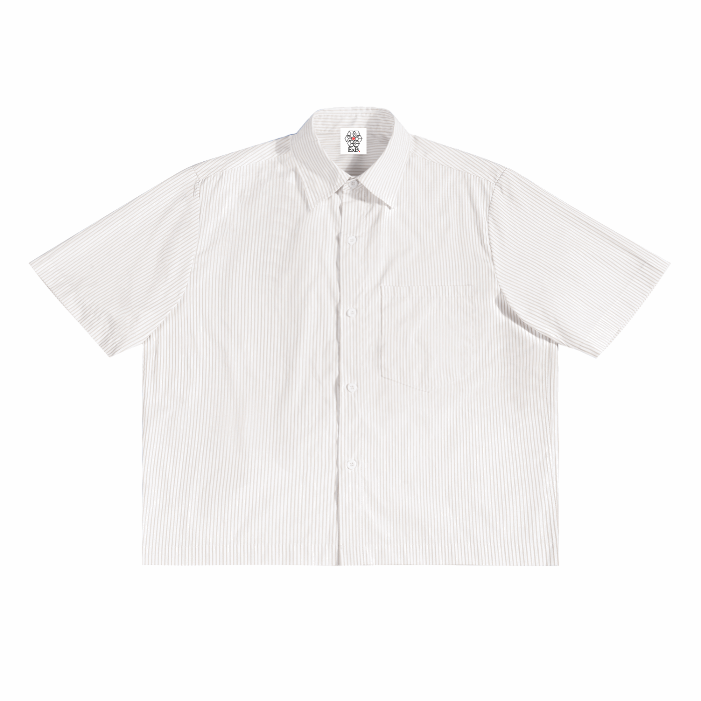 Apricot white vertical stripe boxy shirt, short sleeves, button-front