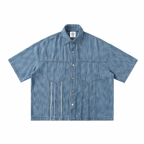 Distressed blue short-sleeve button-up shirt with chest pockets and camp collar