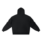 Black pullover hoodie back view with ruched sleeves and hood.