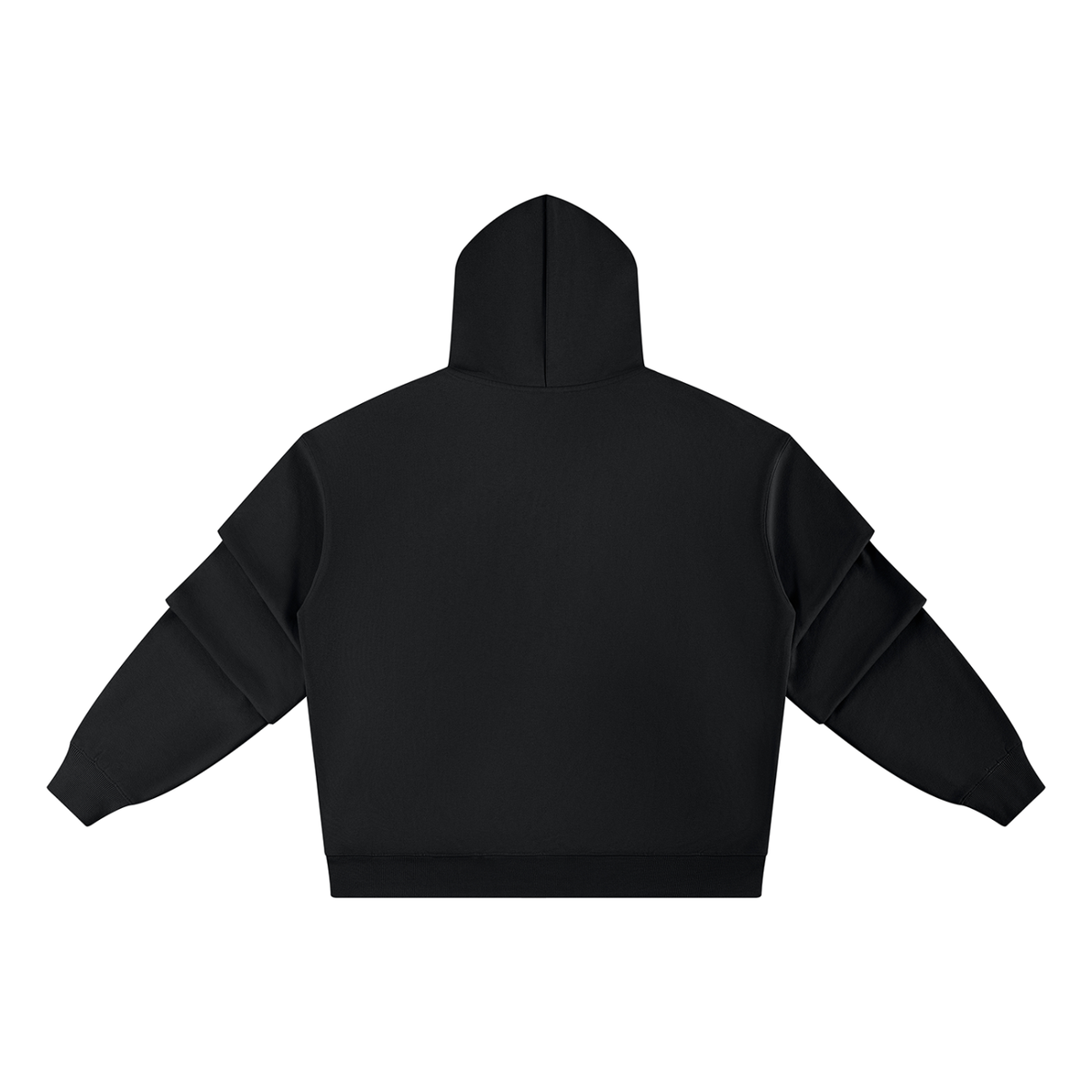 Black pullover hoodie back view with ruched sleeves and hood.