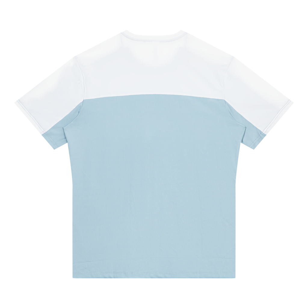 White performance t-shirt with light blue yoke and sleeves; crew neck