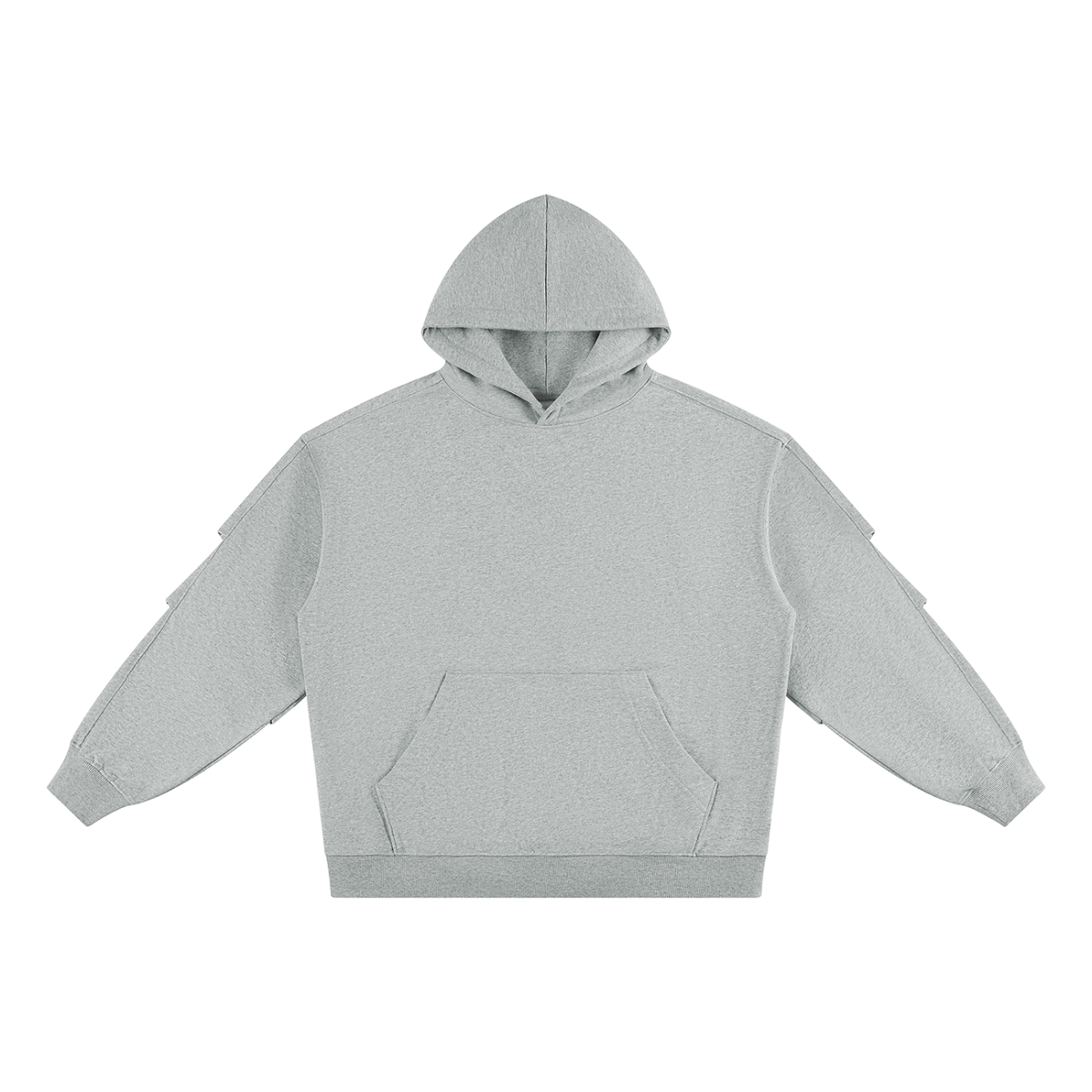 Light gray pullover hoodie with ruched sleeves, hood, and kangaroo pocket.