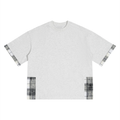 Oat gray unisex T-shirt with plaid paneled sleeves and side hem panels