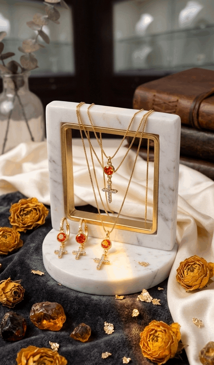 Gold-tone cross necklace with orange and white zircon on stand, plus matching drop earrings