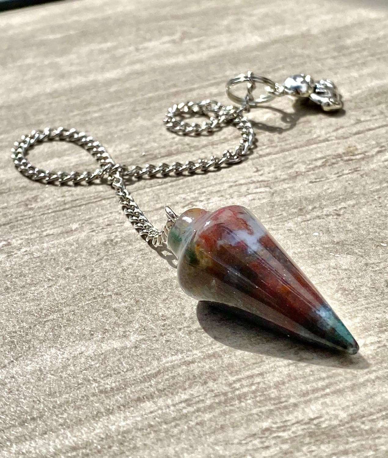 Agate pendulum and mystery charm bag chain with silver clasp and faceted stone