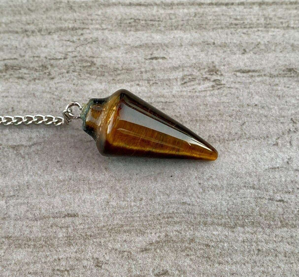 Tigers eye pendulum charm with silver chain, tiger-striped teardrop gemstone