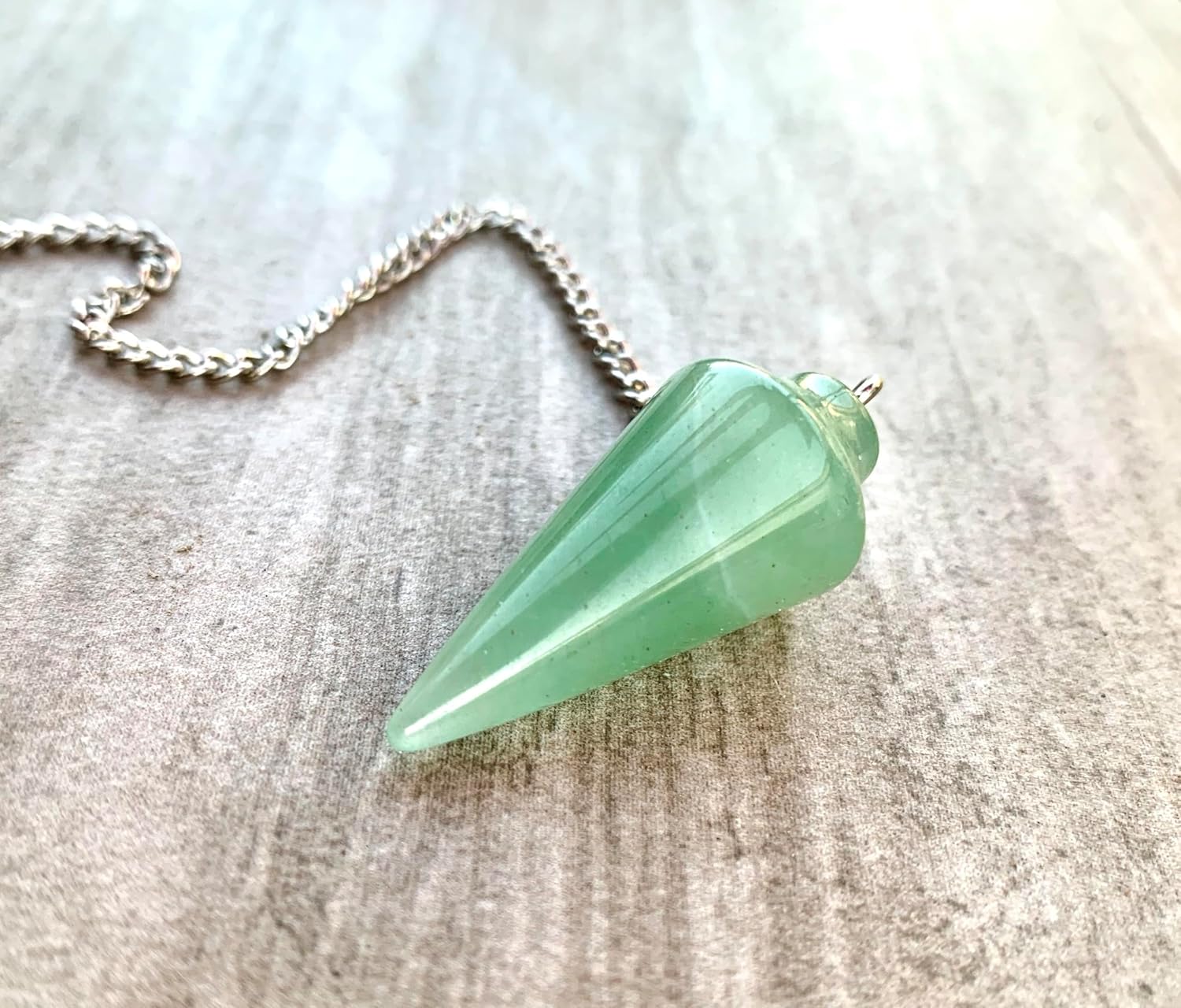 Handmade Natural Gemstone Smooth Conical Crystal Pendulum with Charm, Free Chain, Reiki Meditation Dowsing Tool (Green Aventurine)