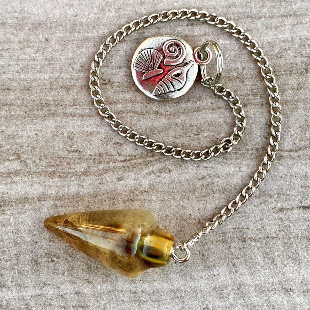 Natural Gemstone Smooth Conical Crystal Pendulum with Charm, Nickle Free Chain, Reiki Meditation Dowsing Tool (Smoky Quartz)