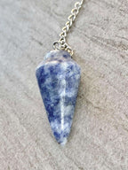 Blue and white crystal pendulum bag charm with silver chain