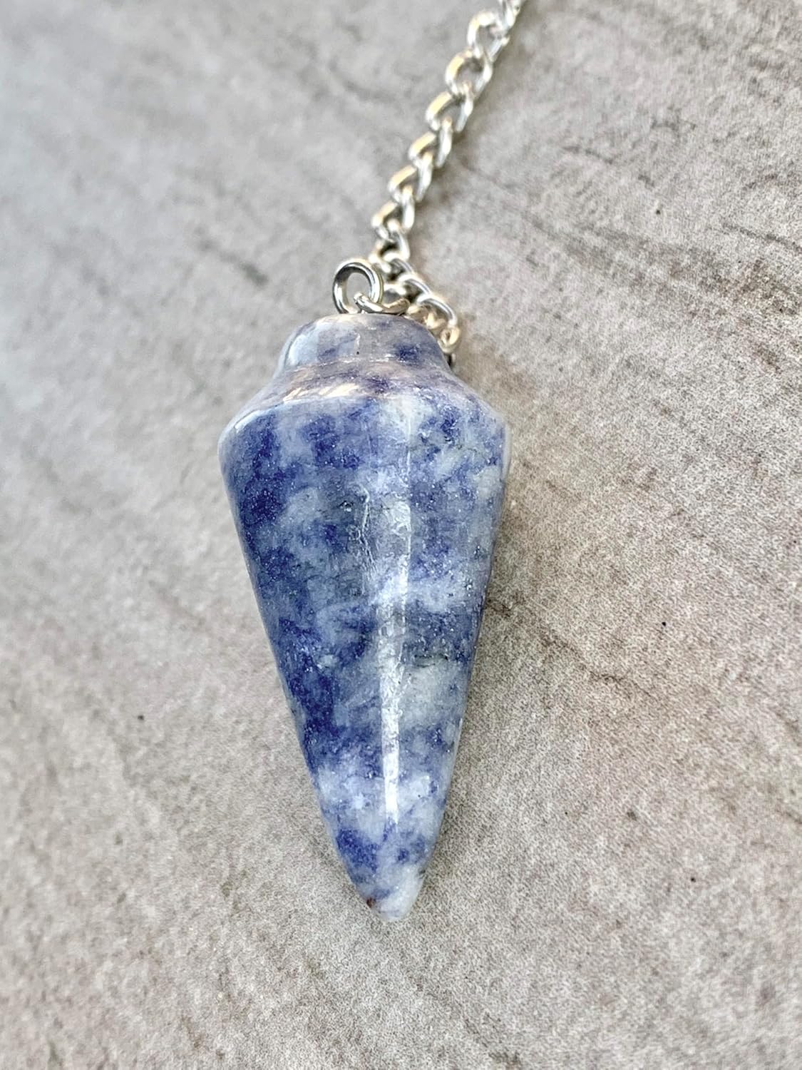 Natural Gemstone Smooth Conical Crystal Pendulum with Charm, Nickle Free Chain, Reiki Meditation Dowsing Tool (Sodalite)