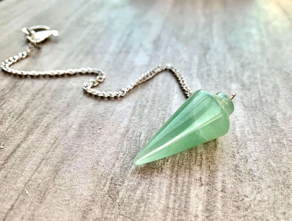 Green aventurine pendulum bag charm with silver chain, cone-shaped stone
