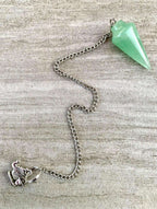 Green aventurine pendulum bag charm with silver chain and cone point