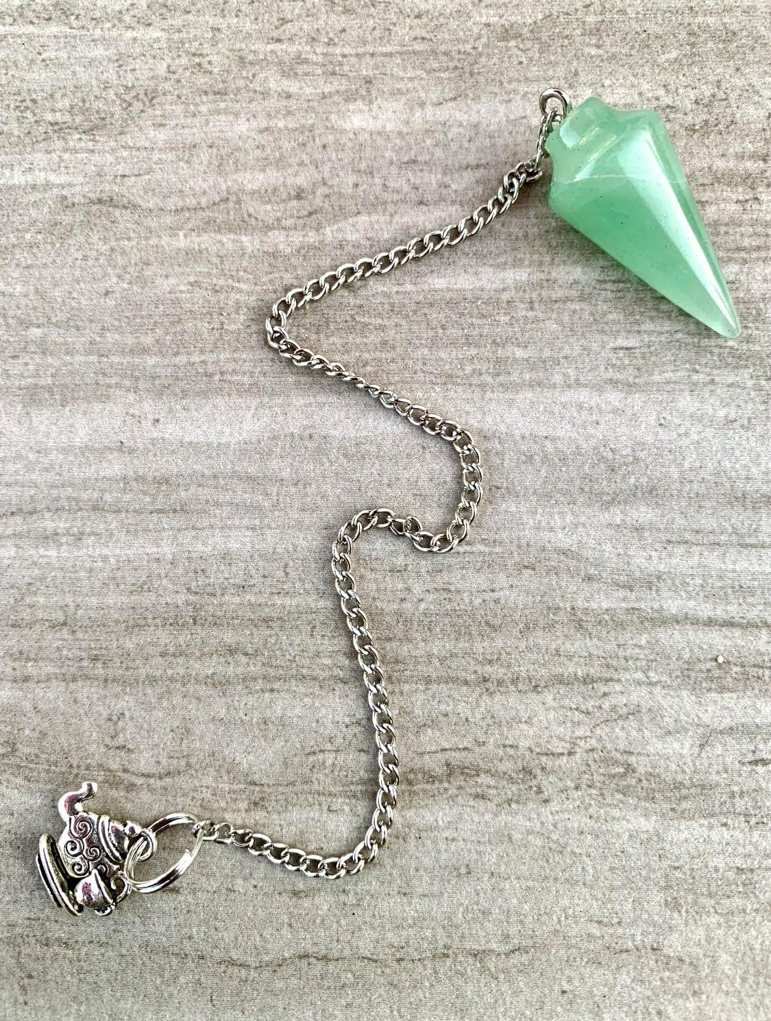 Handmade Natural Gemstone Smooth Conical Crystal Pendulum with Charm, Free Chain, Reiki Meditation Dowsing Tool (Green Aventurine)