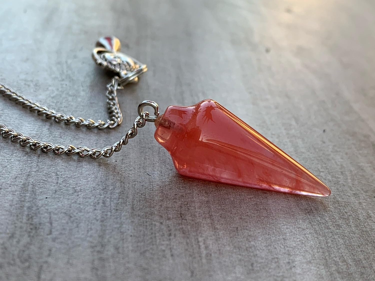 Extrinsic Beauty Gemstone Smooth Conical Crystal Pendulum with Charm, Nickle Free Chain, Reiki Meditation Dowsing Tool (Cherry Quartz)