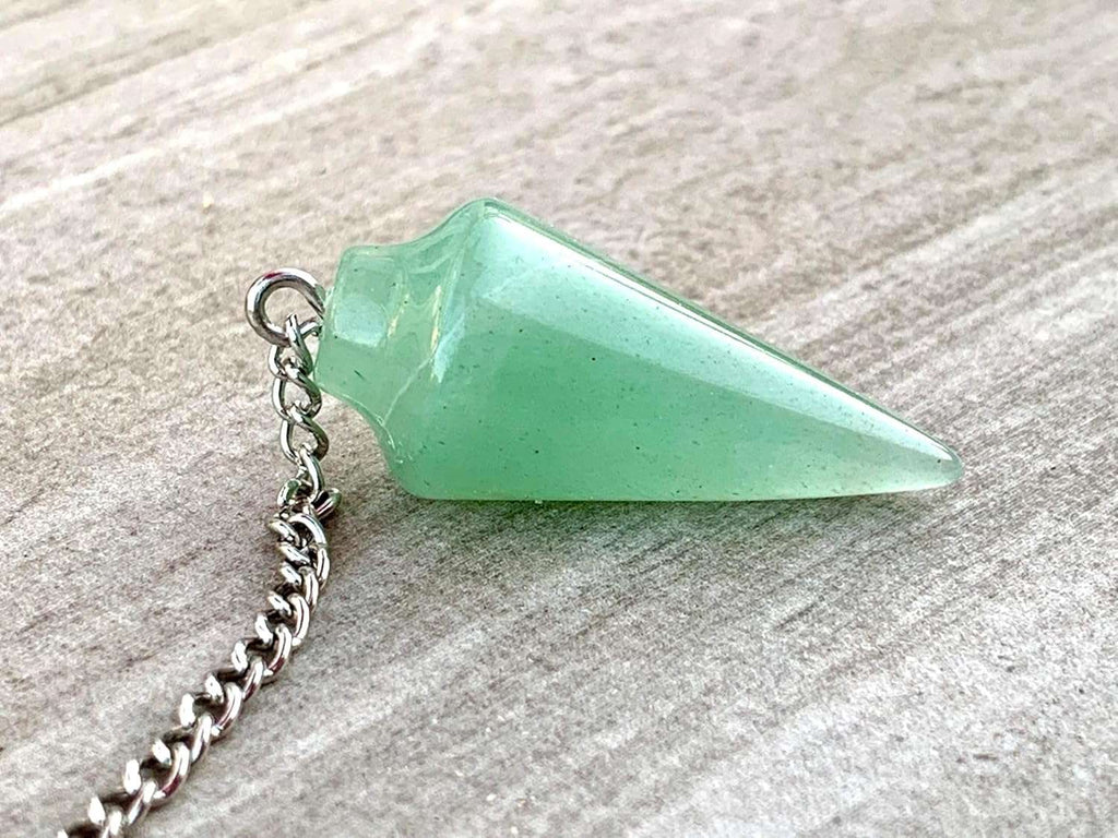 Green aventurine pendulum charm with silver chain and angled pointed stone