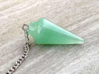 Green aventurine pendulum charm with silver chain and angled pointed stone