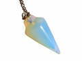 Opalite teardrop pendulum bag charm with gold-tone chain, iridescent pale blue