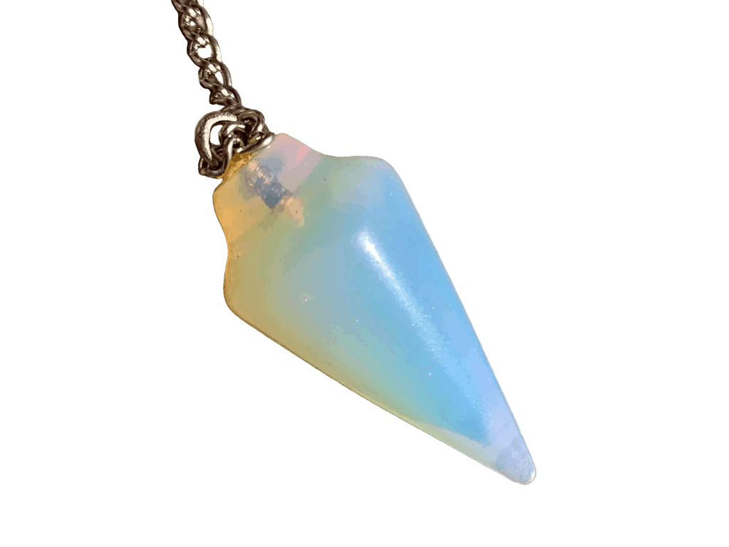 Opalite teardrop pendulum bag charm with gold-tone chain, faceted pale blue opal