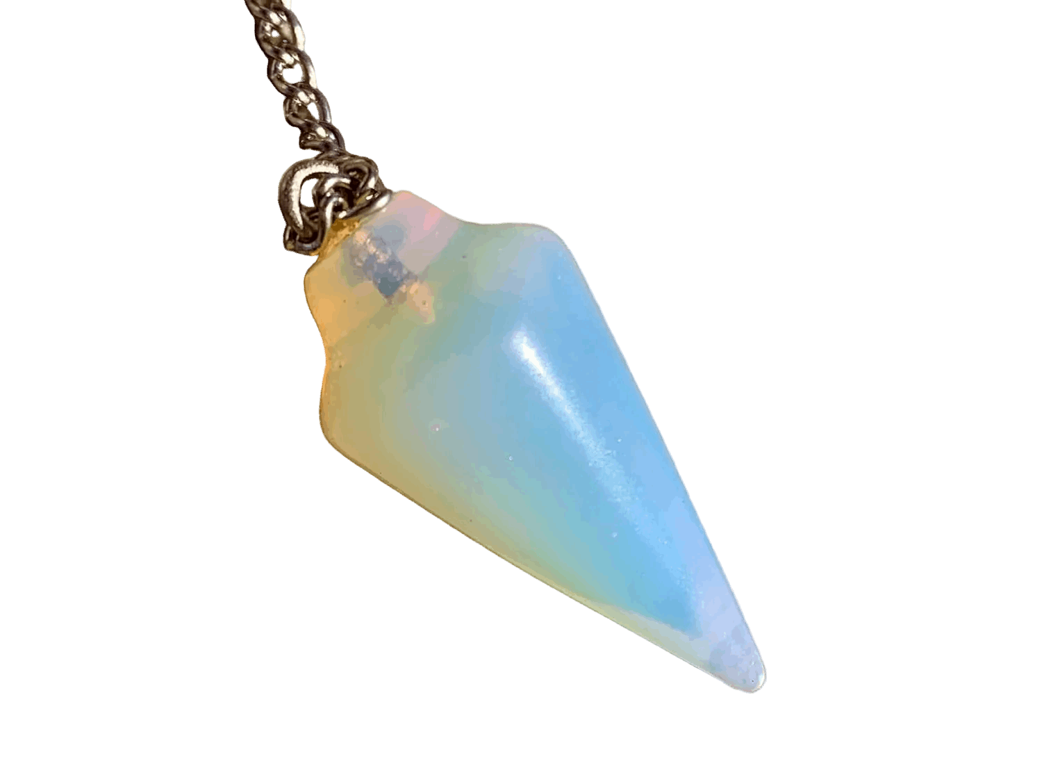 Opalite teardrop pendulum bag charm with gold-tone chain, faceted pale blue opal
