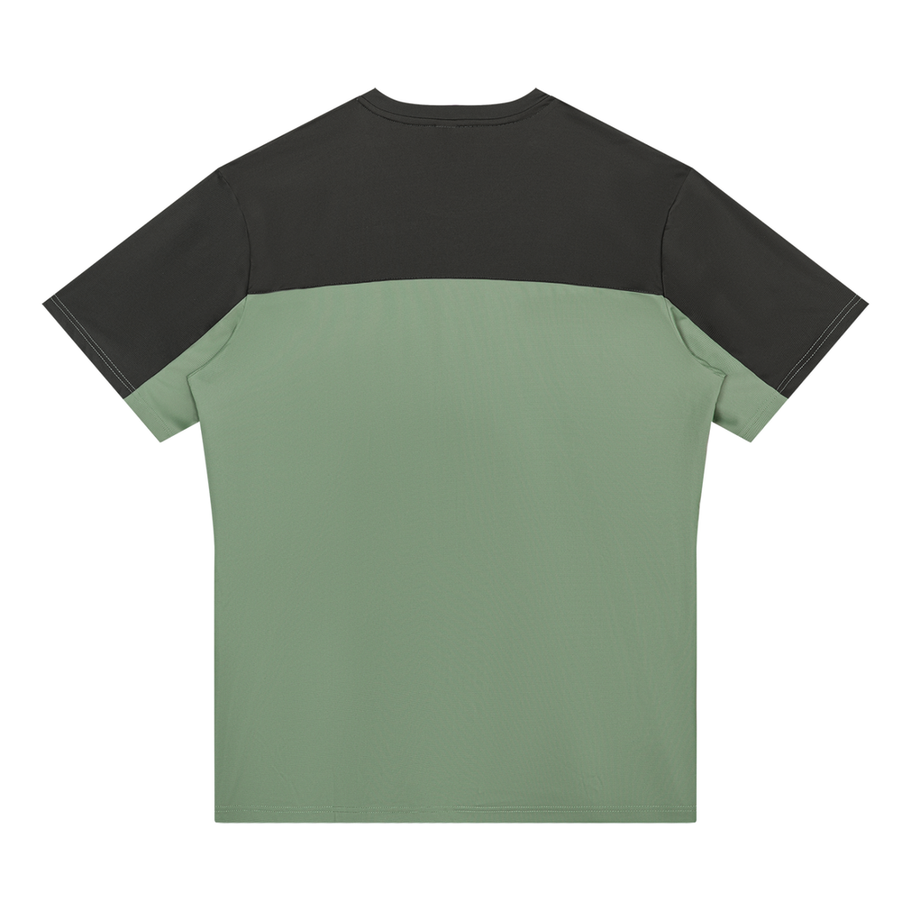 Dark charcoal performance t-shirt with green lower panel and crew neck
