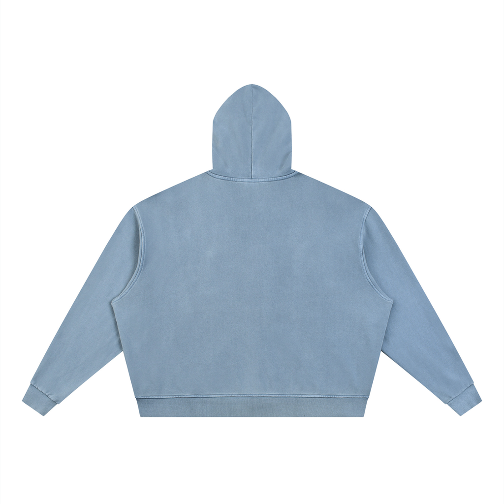 Jeans blue full-zip boxy hoodie with hood, shown from the back