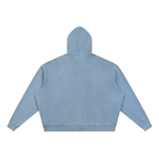 Jeans blue full-zip boxy hoodie with hood, shown from the back