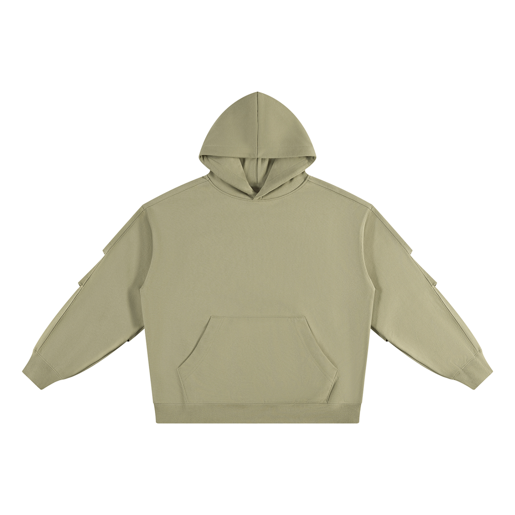 Olive pullover hoodie with ruched sleeves, hood, and front kangaroo pocket.