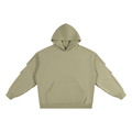 Olive pullover hoodie with ruched sleeves, hood, and front kangaroo pocket.