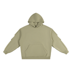 Olive pullover hoodie with ruched sleeves, hood, and front kangaroo pocket.