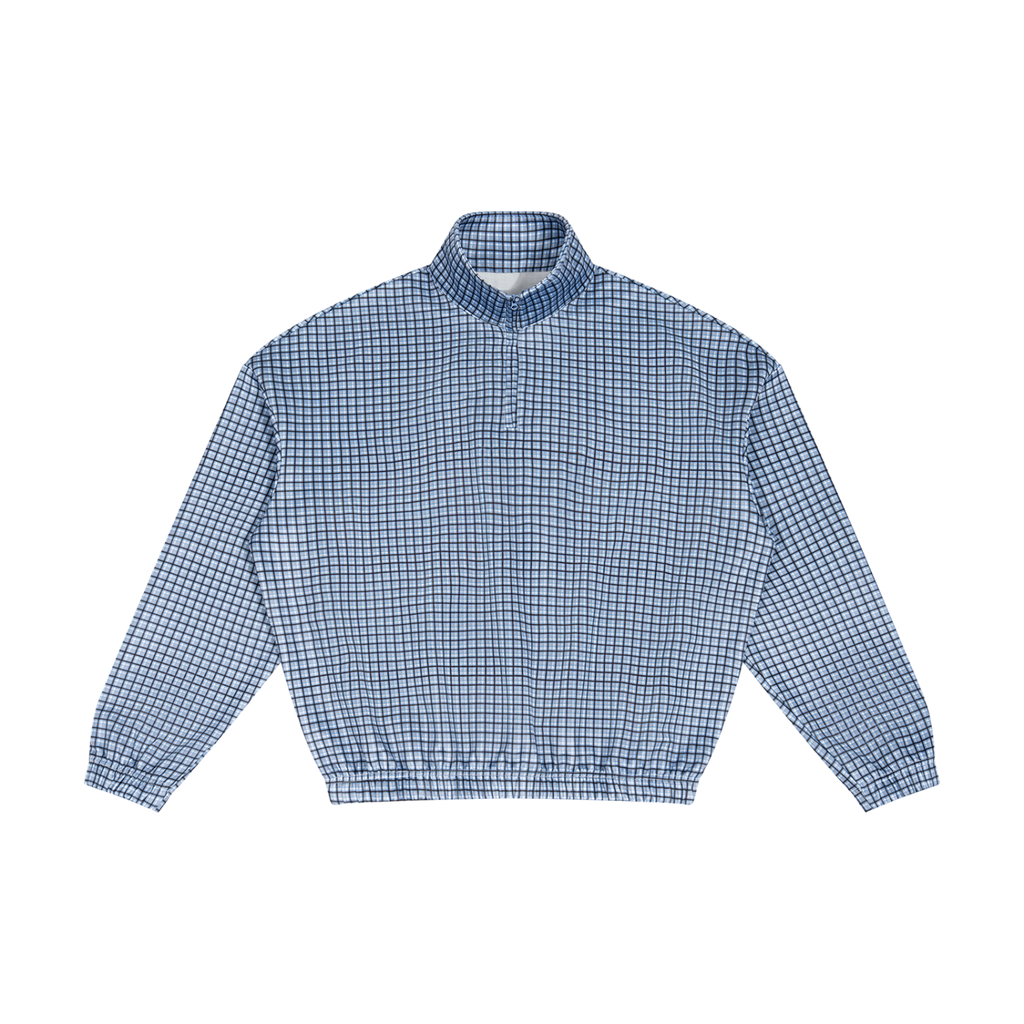 Unisex plaid quarter-zip sweatshirt, sky blue, front view with stand collar