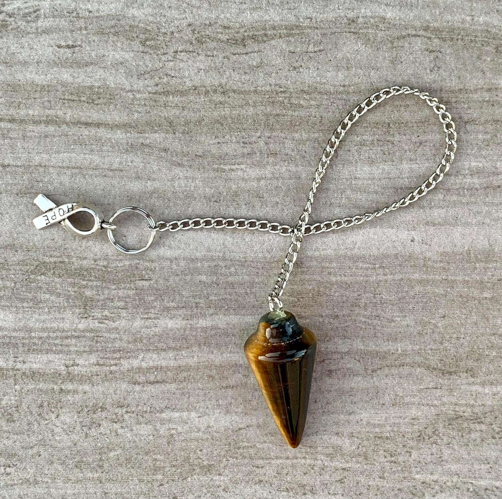 Tiger eye gemstone pendulum bag charm with silver chain and small heart tag charm