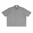 Black-and-white vertical stripe boxy shirt, short sleeves, button-front, chest pocket