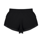 Black paneled yoga shorts with wide elastic waistband and layered hem detail.