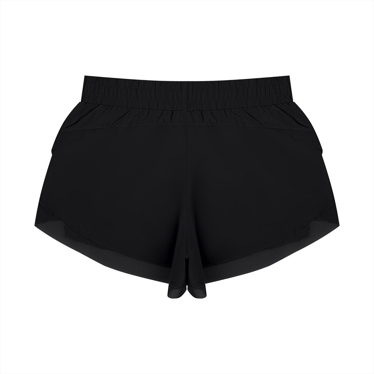 Black paneled yoga shorts with wide elastic waistband and layered hem detail.