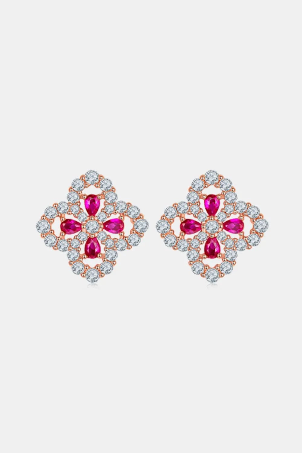 925 Sterling Silver Lab - Grown Ruby Flower Shape Stud Earrings - Extrinsic Beauty