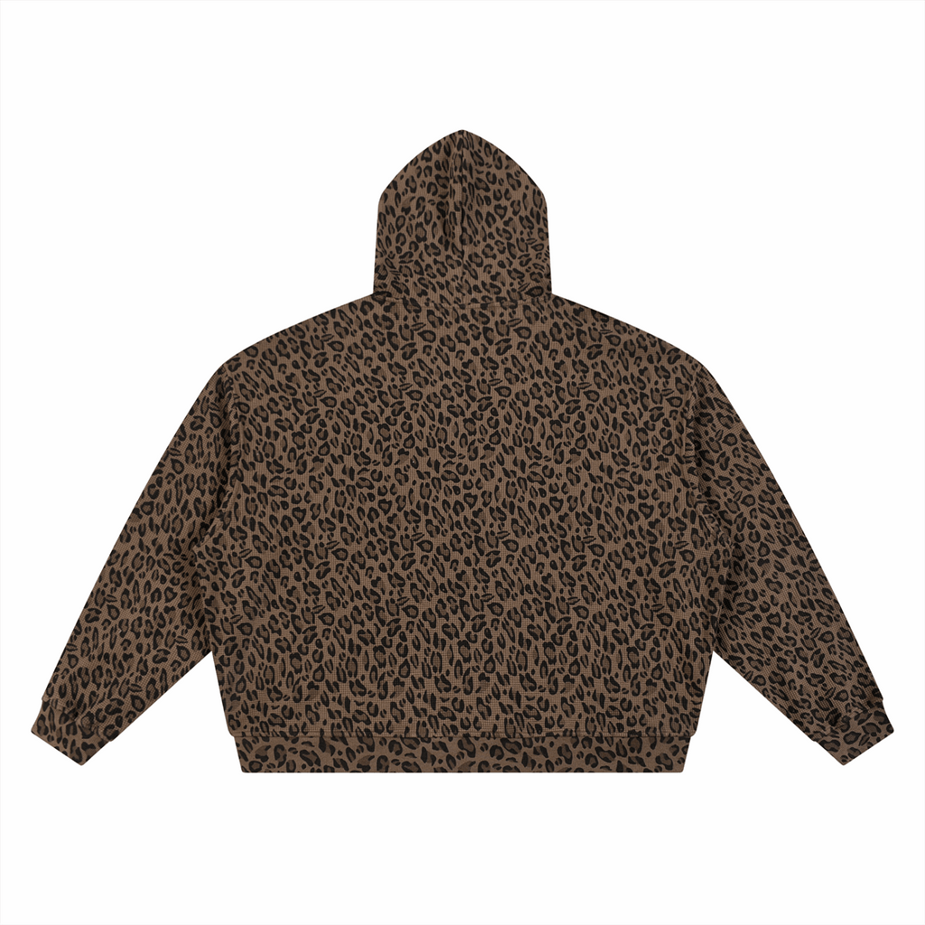 Unisex leopard-print waffle full-zip hoodie, brown with leopard spots