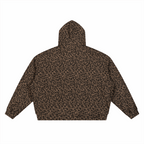 Brown leopard print waffle full-zip hoodie with hood, long sleeves