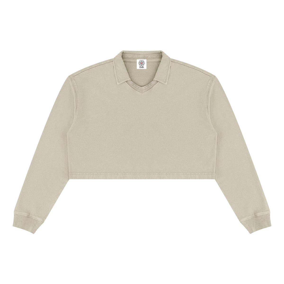 Cement gray cropped sweatshirt with V-neck and long sleeves, vintage wash