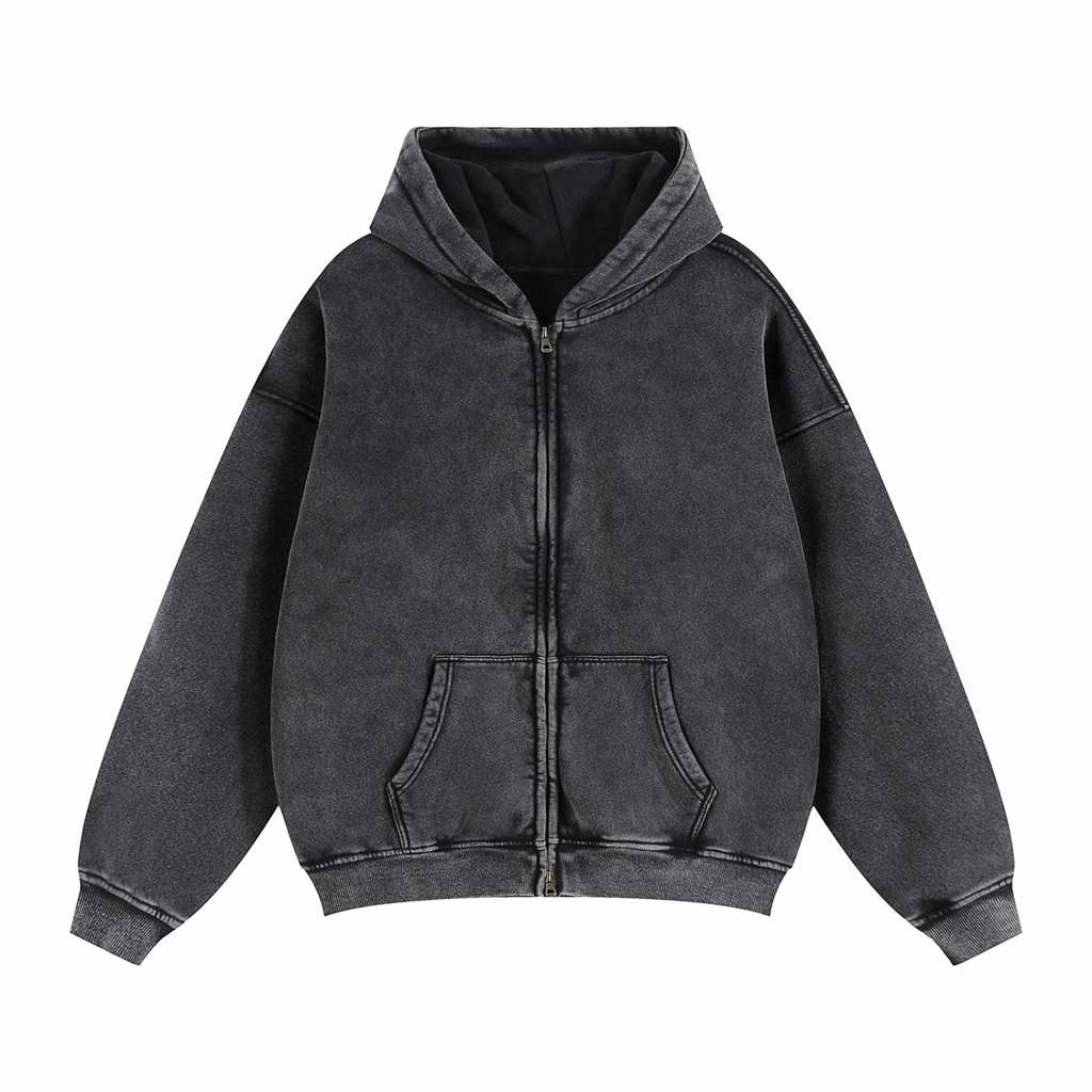 Dark gray zip-through boxy fleece hoodie with hood and kangaroo pockets