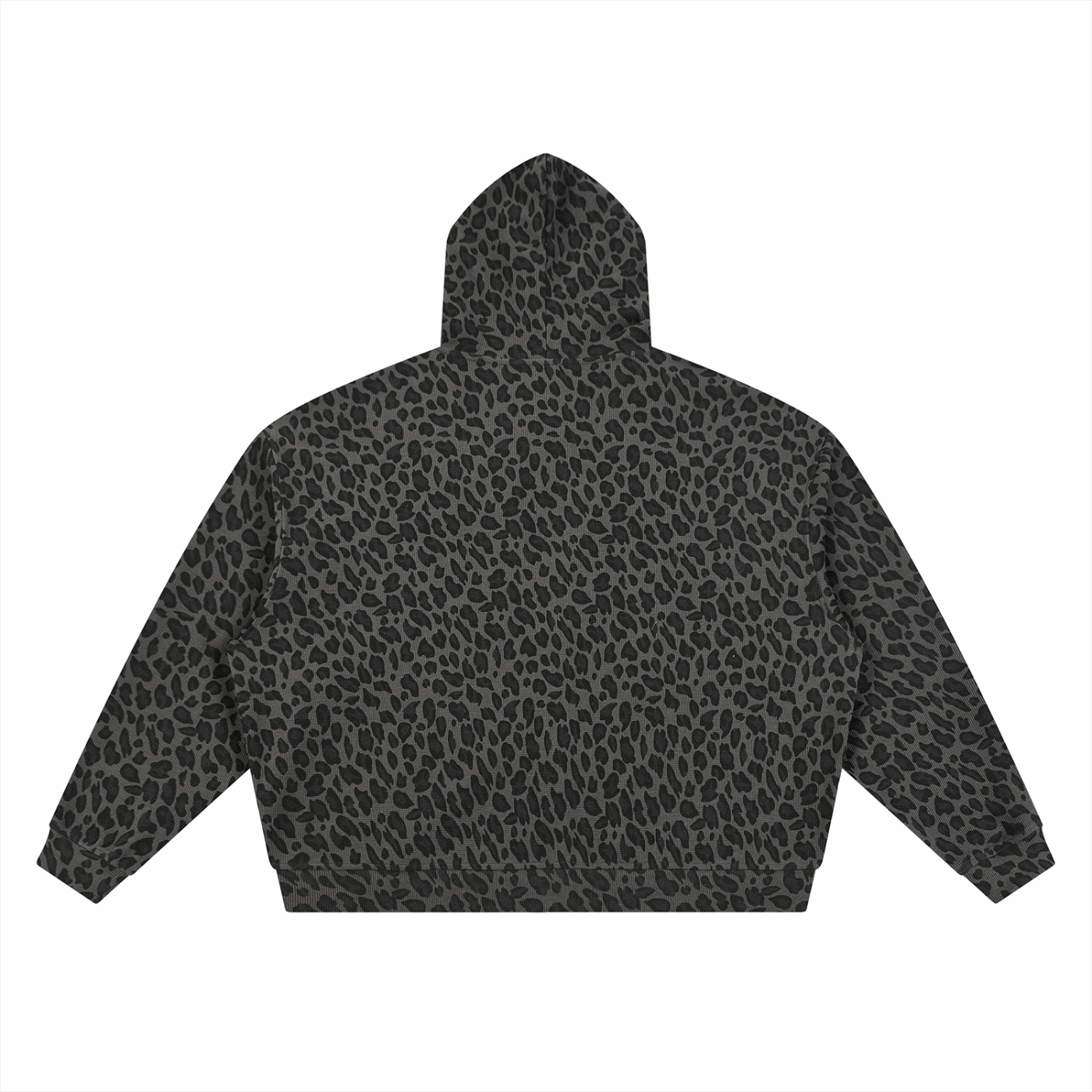 Unisex leopard-print waffle full-zip hoodie, dark gray with leopard spots