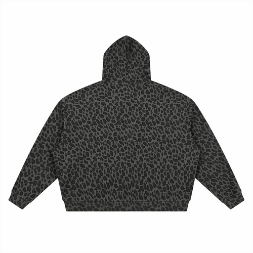 Unisex leopard-print waffle full-zip hoodie, dark gray with leopard spots