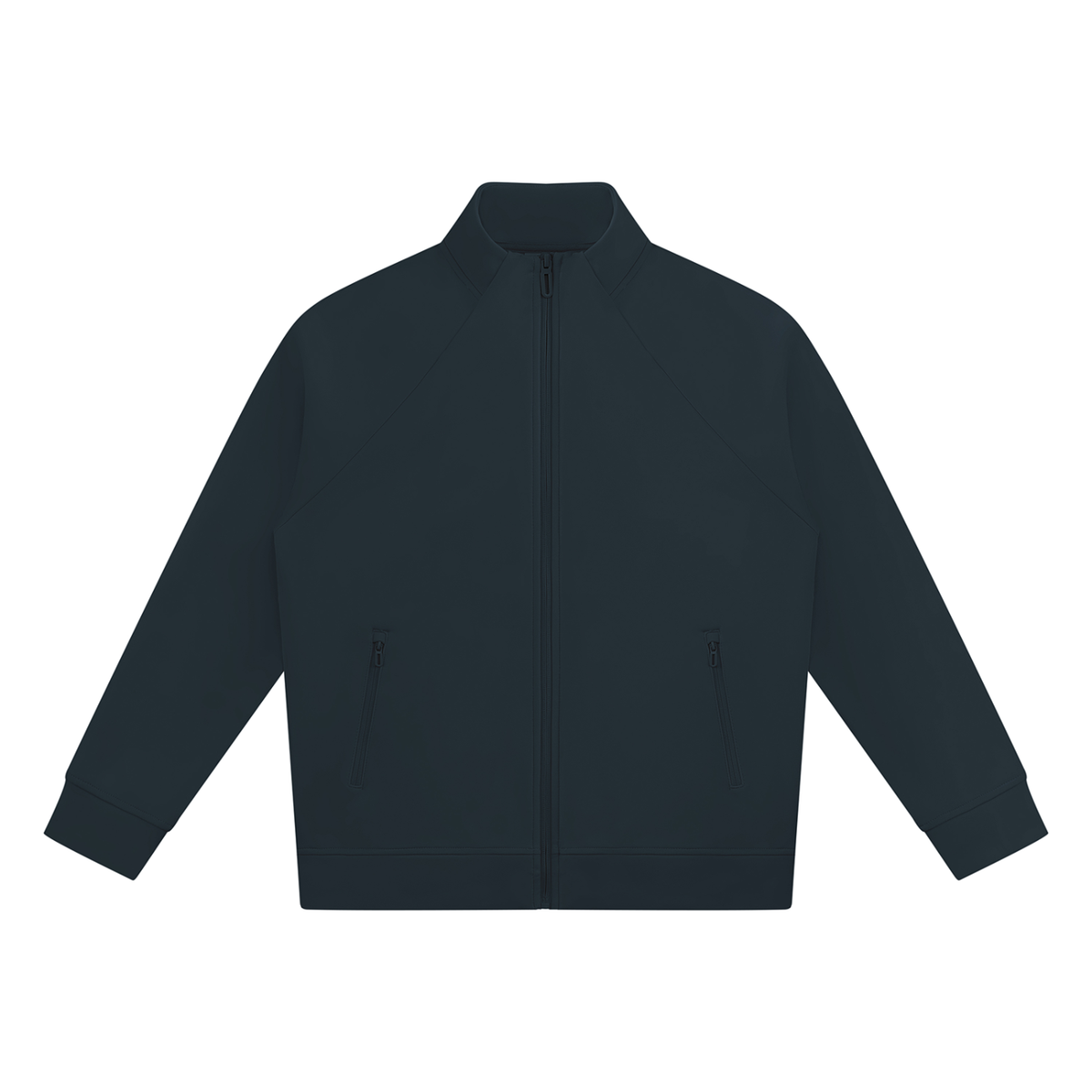 Dark stand collar zip jacket with two side pockets and long sleeves.