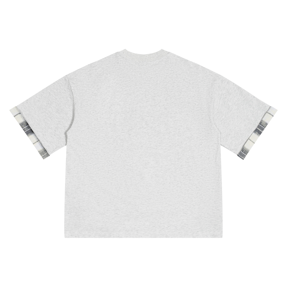 Oat gray unisex T-shirt back view with plaid cuffed sleeves