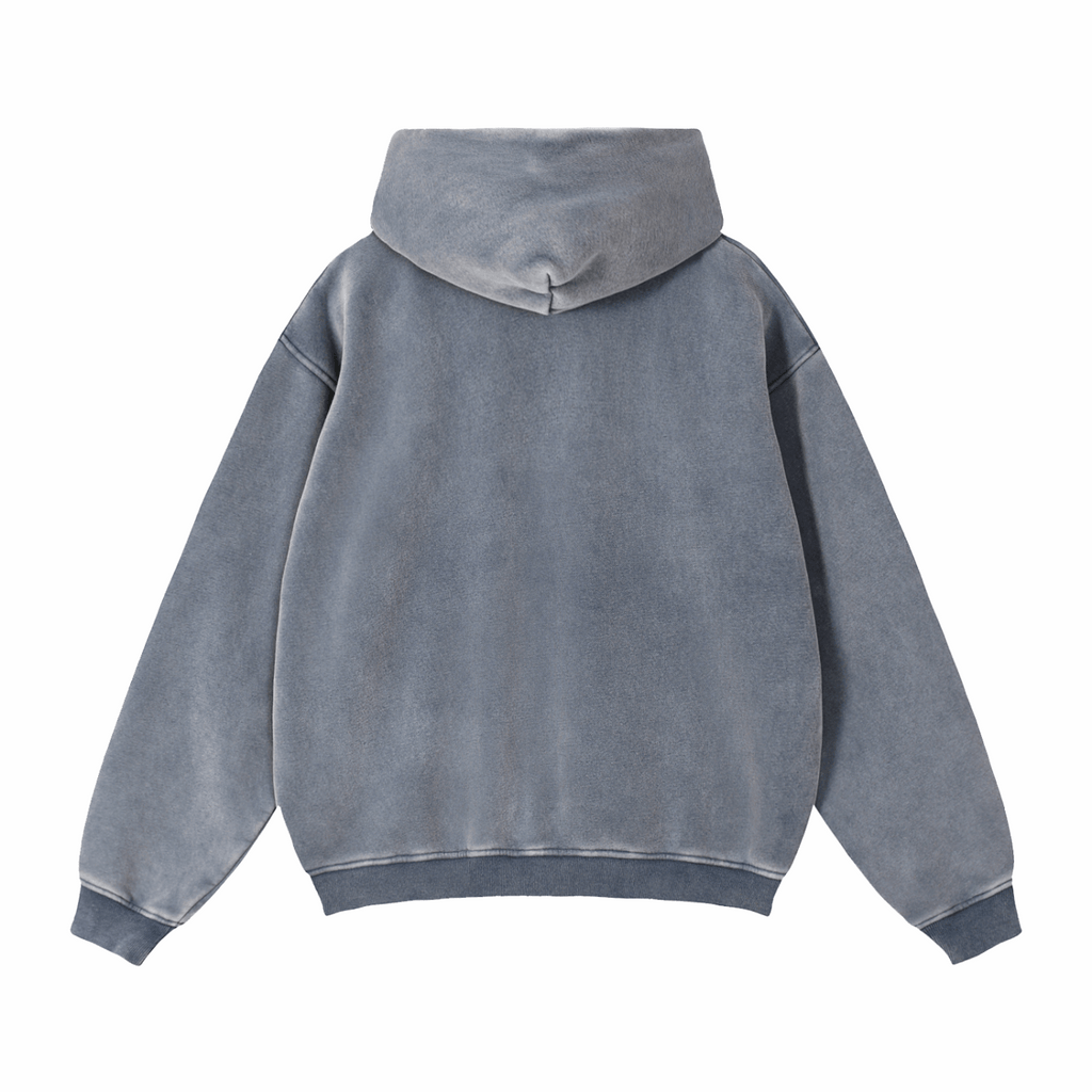 Boxy fleece zip-through hoodie, gray, back view with hood and ribbed cuffs