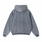 Boxy fleece zip-through hoodie, gray, back view with hood and ribbed cuffs