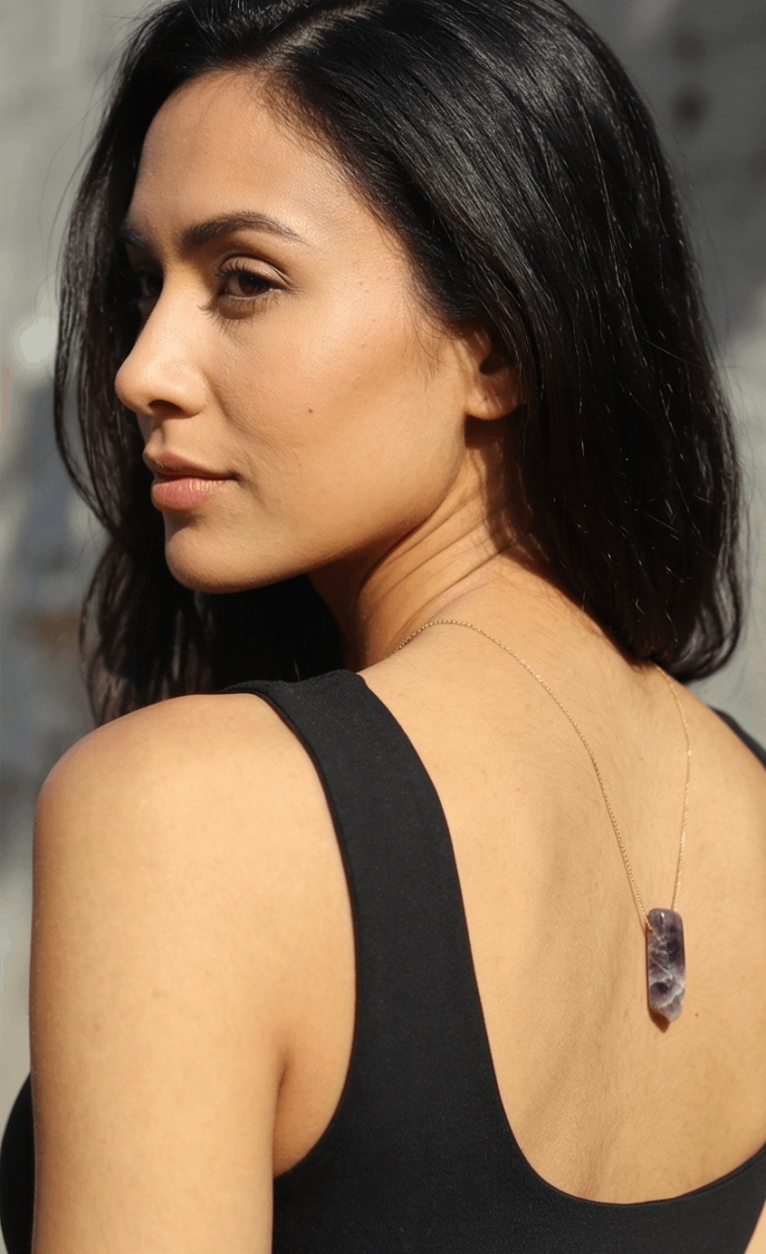 18k gold amethyst bar pendant necklace with thin chain, model back view