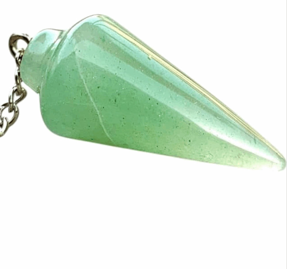 Close-up of green aventurine pendulum bag charm with metal chain clasp